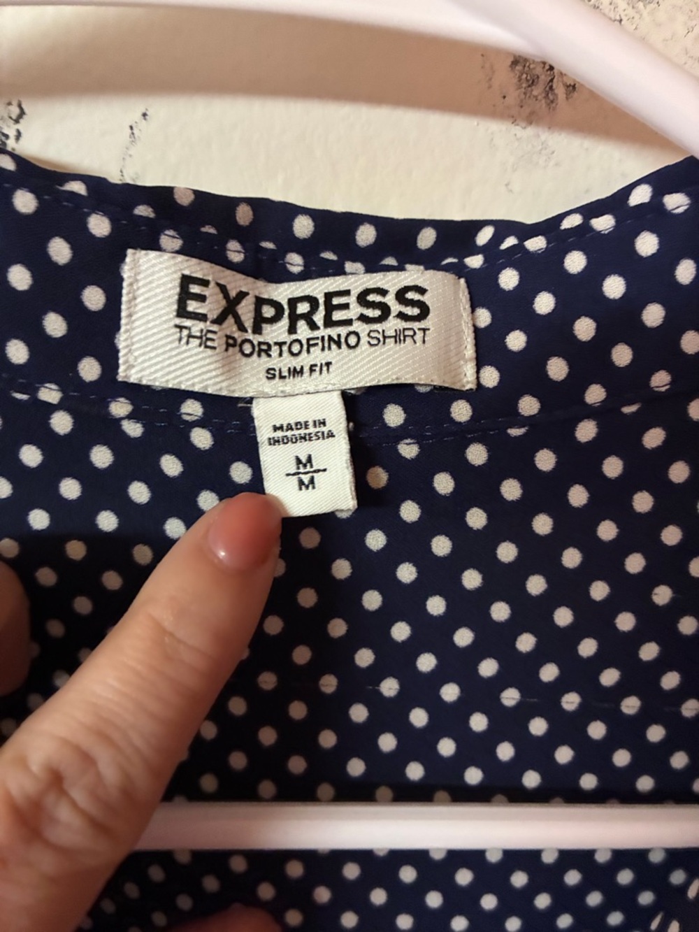 Express Navy and White Polka Dot Button-Down Shirt - Picture 3 of 3